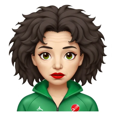 Han Mi-nyeo: Age Late 60s
A woman with many wrinkles face, frizzy, very messy dark brown hair and dramatic red lipstick.
Outfit: Green player tracksuit sticker