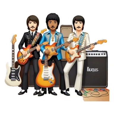 Rock music icon: collage of legendary rock stars—The Beatles, Jimi Hendrix, Elvis Presley, Queen, Nirvana, Led Zeppelin. Electric guitars, amplifiers, and microphones surrounded by vibrant stage lights and musical notes. Transparent background. sticker