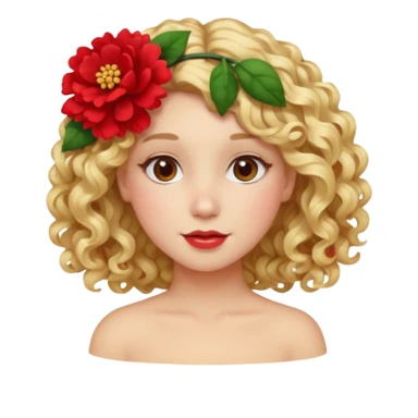 ["Fair skin female, curly blonde hair, red floral hair clip."] sticker