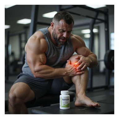 European powerlifter in competition clothing, sitting on a bench in a gym, massaging knee with painful expression, bottle labeled 'Stanozololo' nearby, realistic atmosphere, detailed joint pain, gym background sticker