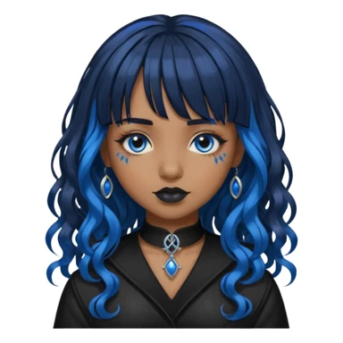 Uma garota parda com cabelo cacheado longo e com franja cabelo preto com mechas azul e estilo gótica sticker