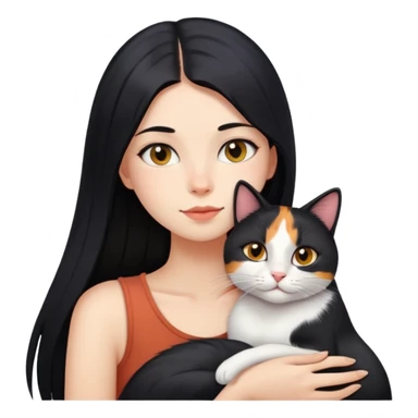 girl with long black straight hair and domestic calico cat is lying on her left shoulder and neck emoji  sticker