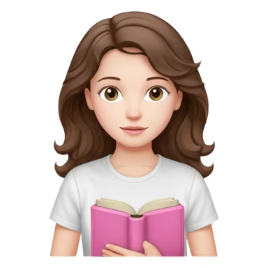pale-skinned woman with wavy brunette hair, white t-shirt, holding a pink Bible, gentle and calm pose sticker