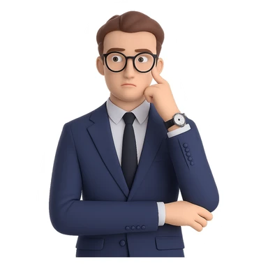 Add stylish glasses to the thoughtful businessman, keeping the luxury watch visible and the expression contemplative and curious, with a clean background. Maintain a clean background and focus on the glasses and expression enhancement. sticker