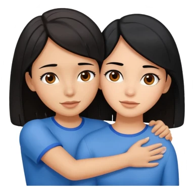 a brown-eyed brunette hugs a brown-eyed girl with a bob and black hair, and the strands are blue sticker