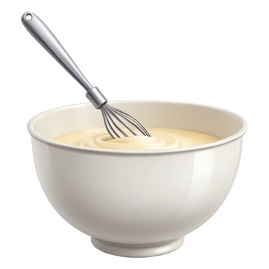 Cinematic Realistic Whisk & Mixing Bowl, a well-used metal whisk resting in a smooth ceramic mixing bowl, light reflecting off the whisk’s polished surface, subtle smears of batter along the rim, glowing with a sense of warmth and creativity. sticker