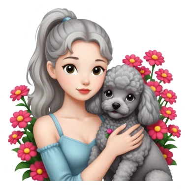 A beautiful girl with a high ponytail hugs a gray poodle among the flowers sticker