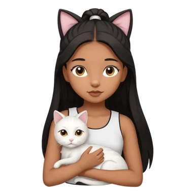 An brown skin Teenager girl with brown eyes, long black hair in a high ponytail, with a white crop top holding her white cat which has folded ears  sticker