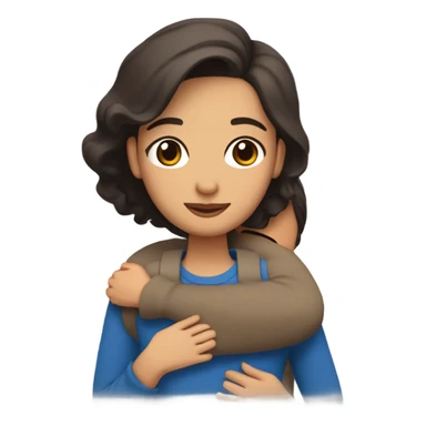 Comforting hug from brunette Puerto Rican with dark brown eyes wearing a cute blue top to short, bald man with brown eyes and a beard wearing a sweater sticker