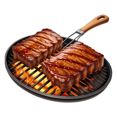 Cinematic juicy grilled ribs, glistening with smoky barbecue sauce, charred edges, tender meat falling off the bone, sizzling on a hot grill, mouthwatering and rich, warm and inviting, ultra-realistic and delicious. sticker