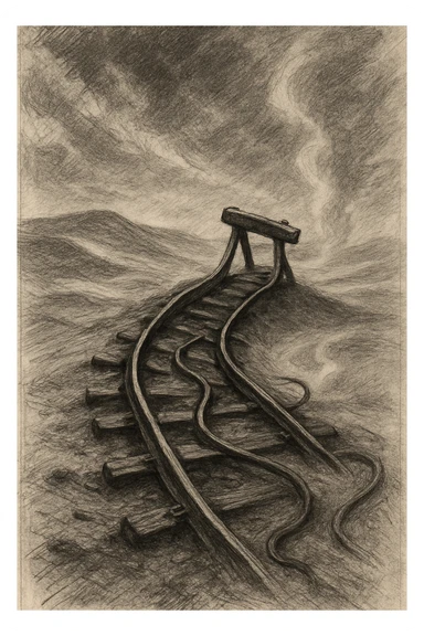 black and white pencil sketch inspired by the poem 'Lines End', showing a desolate, slumping railroad track ending abruptly in a barren landscape of dunes and sand, twisted rails, sense of ruin, vast empty wasteland background with wind, earth, dust devils, dramatic lighting, no background clutter, no text sticker
