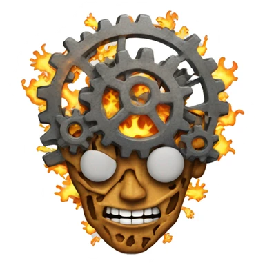 A brain made out of gears with flames licking out from between the gears sticker