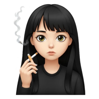 teen girl with long black hair and straight bangs, big eyes looking tired, not smiling, all black clothes, smoking cigarette sticker