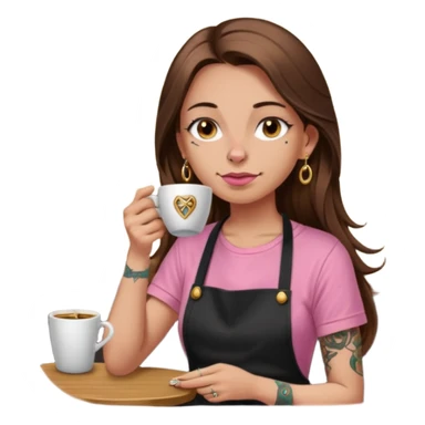 Fille cheveux long châtain, peau beige type européen, teeshirt rose avec un tablier noir, piercing au nez anneau doré, boucle d’oreille diamant doré. Elle boit un café. tatouage à la gorge  sticker