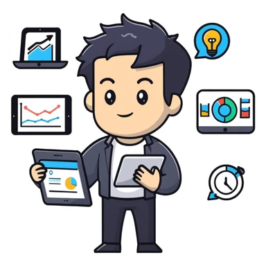 Management educator with black wavy hair, stubble, strong features, white skin, smart casual attire, using tablet with digital analytics dashboard, surrounded by technology icons, innovation-focused pose sticker