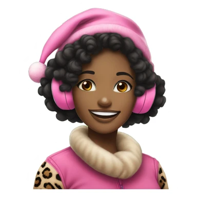 black girl christmas vibe, young adult girl with curll black hair wearing a pink hat & leopard print ear muffs. she has a smile on her face with a natural makeup beat on. she is smiling warmly but not too much. she is giving bad bitch sticker