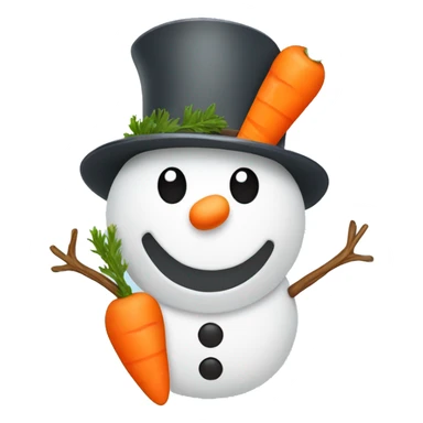 Snowman with a hat, branches as arms and a happy face with a carrot as a nose sticker