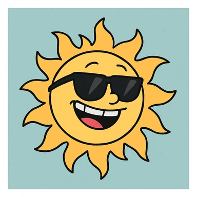 a smiling sun with sunglasses, bright colors, simple shapes, flat toon style sticker