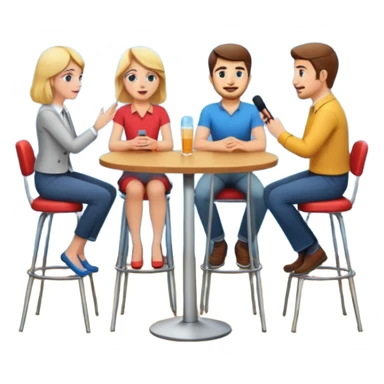 casual interview on stage, three people, facing each other, woman on the left, two men on the right, high chairs sticker