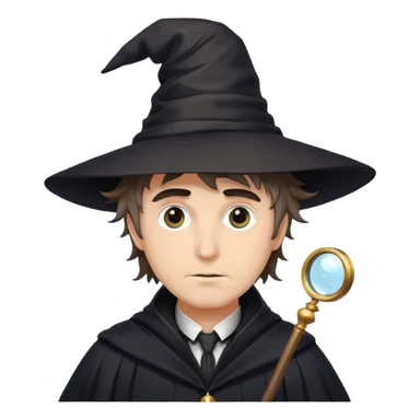 a black chaired man with messy hair wearing a  wizard hat, robe (both black) and a monocle on his right eye sticker