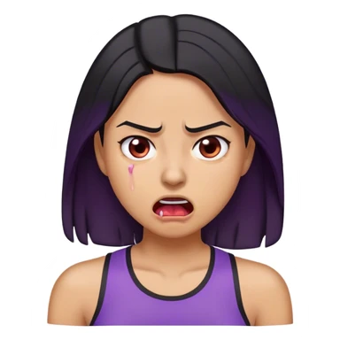 A digitally illustrated emoji-style character of a woman with shoulder-length black hair, wearing a purple shirt. Her expression shows extreme exhaustion or dehydration—her eyes are bloodshot and dry, her tongue is sticking out, and she has a single sweat drop on her cheek. The image has a clean white background sticker