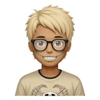 anime hair guy with skeleton makeup. wearing a stussy tshirt with glasses sticker
