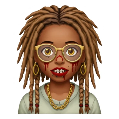 an african american girl with mid back length dread locs black glasses scar on the right side of face its like a red brown line im gold grills zombie mouth locs upfront sticker
