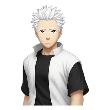 gojo satoru from jujutsu kaisen with white hair, black tshirt and a white baggy pant sticker