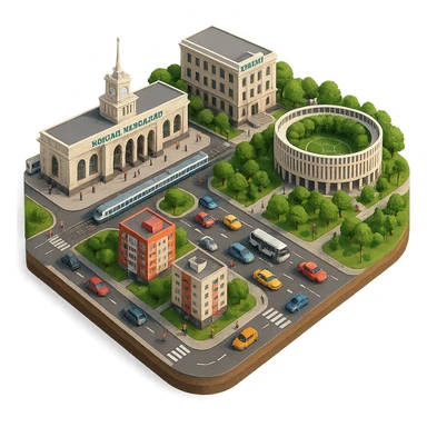 Изометричная миниатюрная фотореалистичная 3D модель панорамы Краснодара - вокзал Краснодар, КубГМУ, парк Краснодар со стадионом, краснодарские дома, автотранспорт четкие линии, яркие цвета, мультяшный реализм, люди, автотранспорт, компактная композиция, вид сверху в изометрии, прозрачный фон sticker