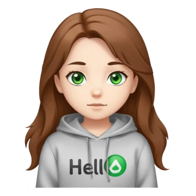 Chibi girl with green eyes, long brown unruly hair, S-With shaped eyebrows. Dressed in a sweatshirt. Says hello.  sticker