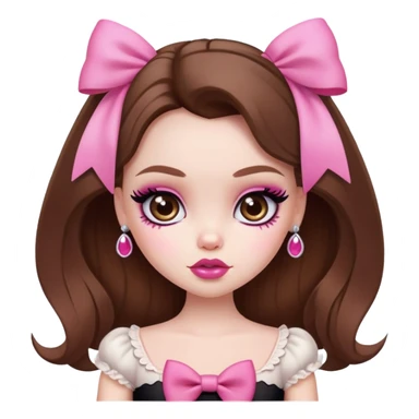 pretty bratz baddie, pale skin, brown hair, pink bow, cute sticker
