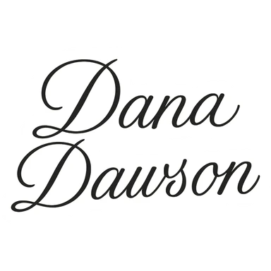 elegant script wordmark of 'Dana Dawson', flowing cursive, minimal, black and white sticker