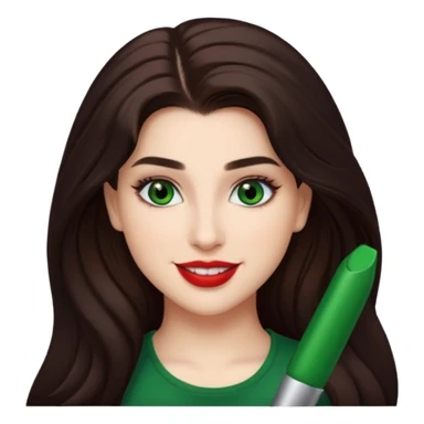 Lauren Jauregui with long dark brown hair, green eyes, red lip sticker
