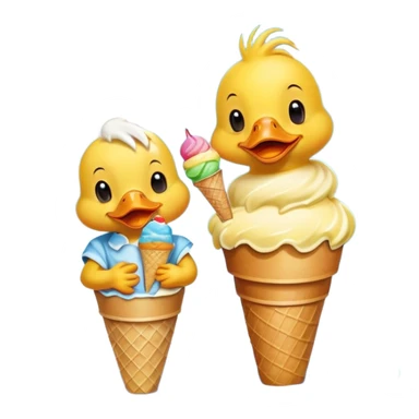 A cheerful cartoon duck and a small duckling sitting together, happily eating colorful ice cream cones on a sunny day, with a bright blue sky and fluffy clouds in the background. sticker