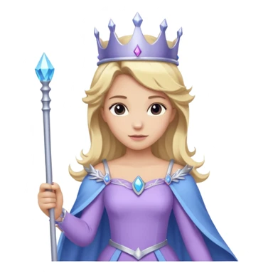 Someone wearing a light purple with blue dress with big shoulder sleeves with blonde hair and a silver crown with a long wand sticker
