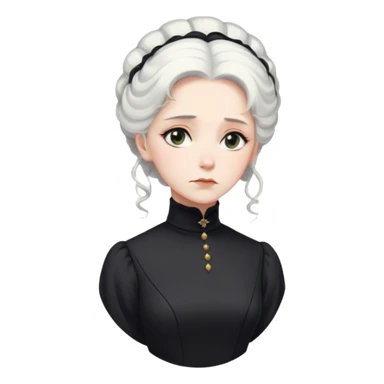 A Victorian woman with elegant coiffed white hair and light eyes wearing a modest unaccessorized black turtleneck mourning dress looking down with a forlorn expression sticker