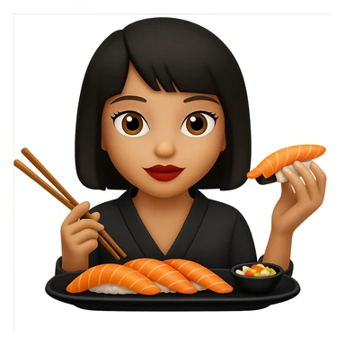 Edit the image of a girl eating sushi to have a short bob hairstyle. Keep the same style as the original image. Remove the background. sticker