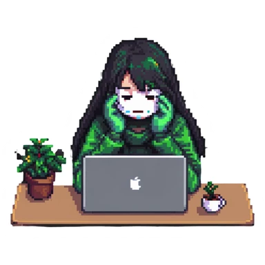 girl hiding her face while working behind a MacBook, pixel art style sticker
