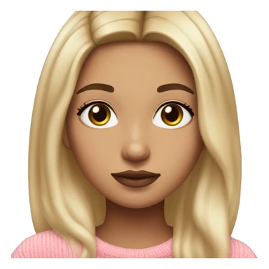 Girl wearing pink sweater with balayage hair dark roots and blonde ends with fair skin tone and dark brown eyes, full lips and small nose sticker