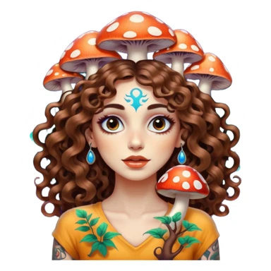 woman with long curly brown hair, brown eyes, white skin, tattoos, psychedelic mushrooms growing from her shadow sticker