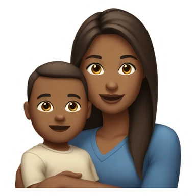 white woman, with straight long mid hair, dark brown hair, blue eyes, round face, uni-lips. holding her baby boy, one year old, brown skin, bit of hair straight brown smiling sticker