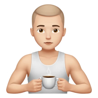 a white short guy wearing a white tank top with a buzz cut drinking a cup of coffee sticker