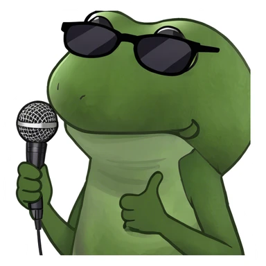 holding out a single microphone sideways, wearing sunglasses sticker