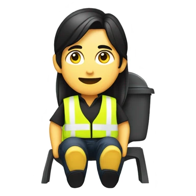 Guy with black long hair in a pony tail sitting on the toilet, in black shirt and pants with a yellow safety vest draped over his shoulder  sticker