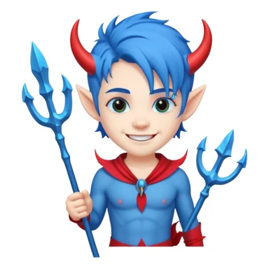 Blue-haired devil with trident, cute face, half body sticker