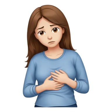 Sad women with long brown hair rubbing stomach with shirt on sticker