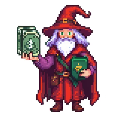 Red wizard CEO with spellbook and money pouch, fantasy RPG guild leader, pixel art style sticker