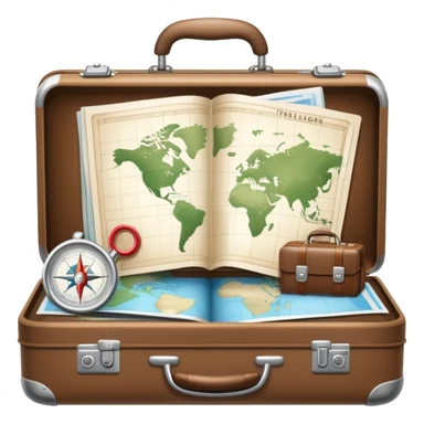 An icon featuring a suitcase, hotel building, symbolizing the scientific study of tourism and hospitality. The design includes a map, a compass, and a checklist, representing travel planning and service management. Transparent background highlights the academic exploration of the tourism industry. sticker