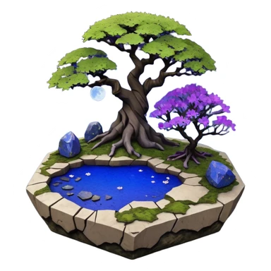 Alien saucer poolhouse jungle winding narrow stairway fountain lakeside mountainside -island getaway nighttime landscape antique mudman very old broken cracked intricate Stone Age lapis-crusted irregular dodecagon-shaped shallow dark moss rough bark violet serissa flowered maple tree bonsai sticker
