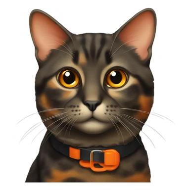 tortoiseshell cat wearing a orange collar sticker